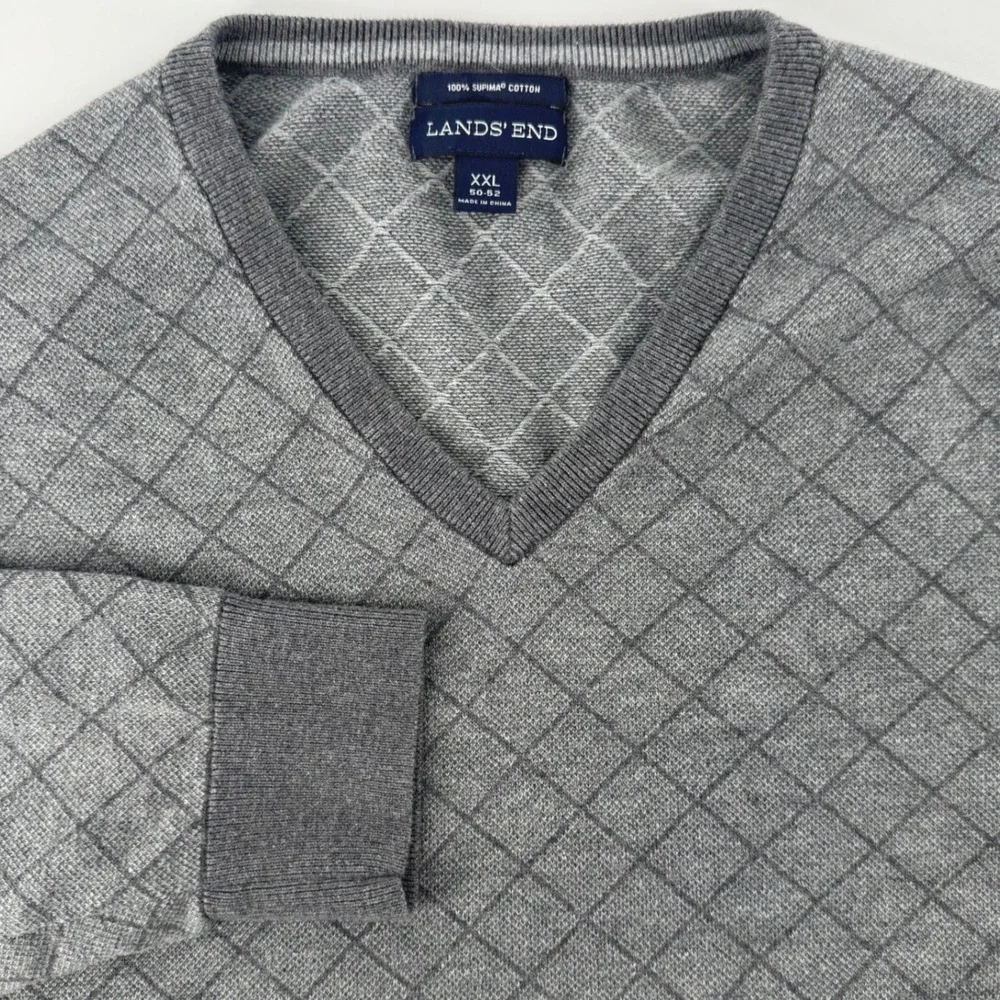 Lands End Mens XXL V Neck Sweater Grey Diamond Knit Supima Cotton Long Sleeve